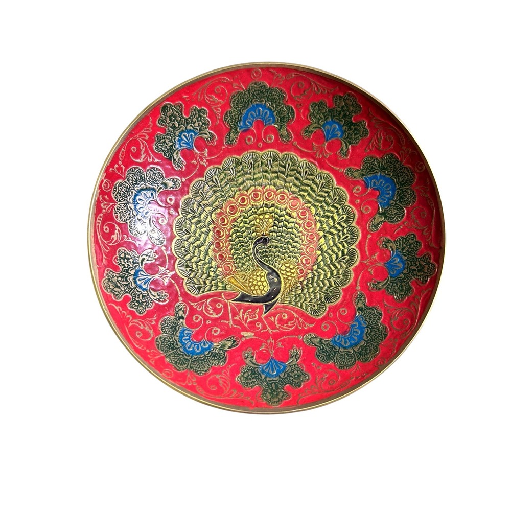 Vintage Brass Peacock Painted Art Bowl Red Enamel Etched India Candy Alter